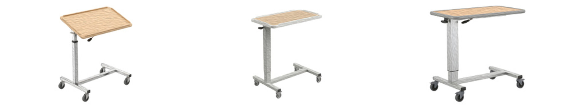 set of the isolated ( Alerta Gas Lift Overbed Table features a convenient easy-lift handle for height adjustment and castor wheels for mobility)on withe background PNG photo high quality''