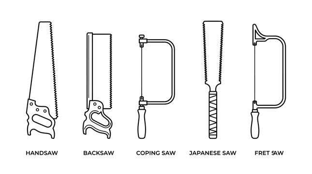 Detailed Illustration of Various Saw Types Including Handsaw Backsaw Coping Saw and Dovetail Saw.