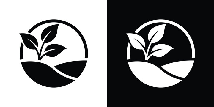 Abstract plant sprout growing on a rolling hill terrain inside a circular badge icon frame.