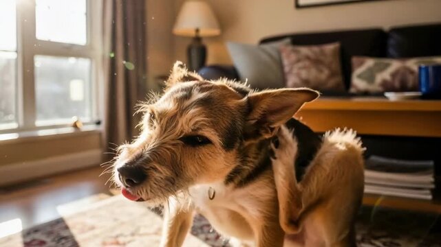 Dog scratching ear and shaking head in a sunny room, possibly due to parasite irritation or allergies, indicating need for pest prevention.