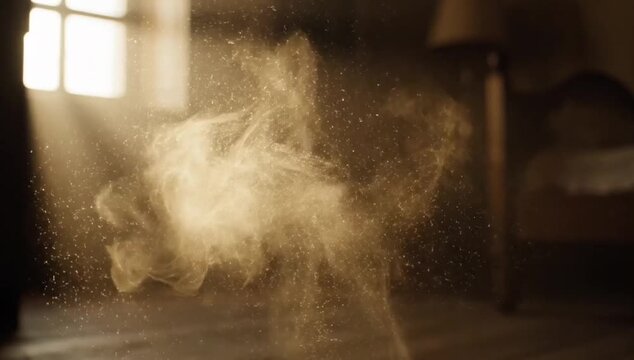Golden dust particles swirling and dancing in a sunbeam filtering through a window in a dimly lit room with furniture in the background