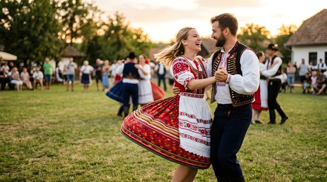 Joyful young couple in vibrant traditional folk costumes dancing lively outdoors during a midsummer cultural celebration event