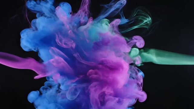 Abstract explosion of vibrant pink and blue ink swirling and mixing in water against a black background, creating dynamic and colorful smoke-like formations