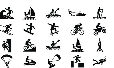 Watersports And Outdoor Activities Icons Black Silhouette On White Background © kamrunnahar