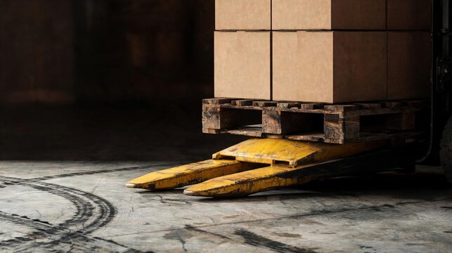 A yellow pallet jack is positioned under a stack of cardboard boxes on a wooden pallet in a warehouse setting. The floor shows tire marks.