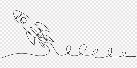 Continuous one line drawing of a rocket ship launching into space with exhaust clouds Vector, illustration, Continuous one line drawing of a rocket ship launching into space with exhaust clouds Vector © Line pro