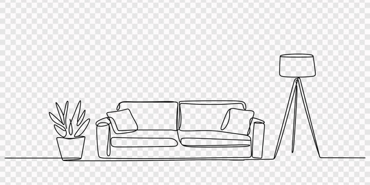 Continuous one line drawing of a modern sofa., Armchair continuous one line drawing living room furniture vector icon, Minimalist one line art of a comfortable three seater sofa with a vase on a side 