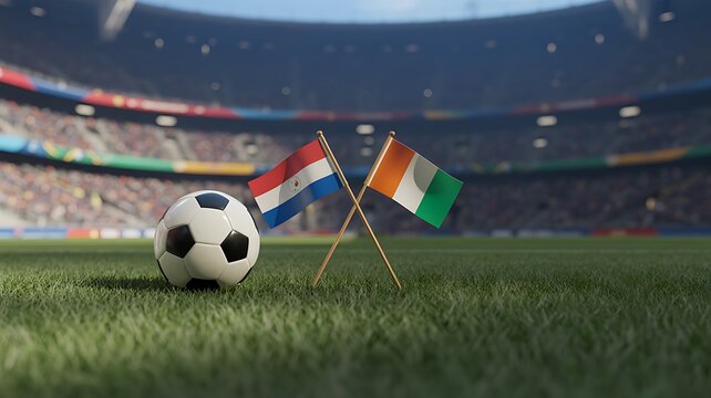 Soccer ball on grass with Paraguay and Ivory Coast flags in a large professional stadium arena background