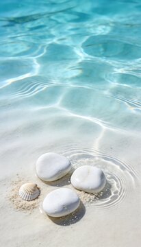 Smooth white stones and a small shell on a sandy beach with clear turquoise water. The scene captures a tranquil coastal environment.