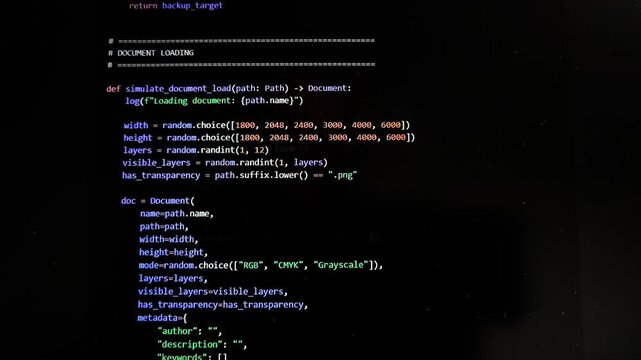 Program code appears on computer screen while developer writes javascript script. Dark mode interface displays syntax and structure of software logic. Technology concept reflects coding and