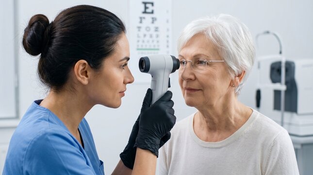 Senior eye pressure test, Glaucoma screening appointment, Optometrist examining older patient, Modern tonometry equipment, Preventive vision care