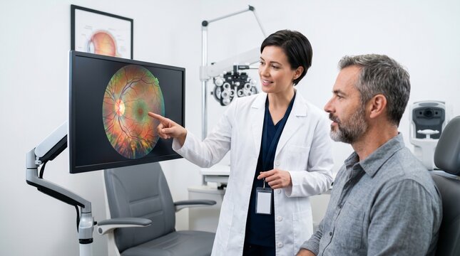 Retinal scan consultation, Optometrist reviewing eye imaging, Digital eye clinic technology, Patient vision health discussion, Modern diagnostic room