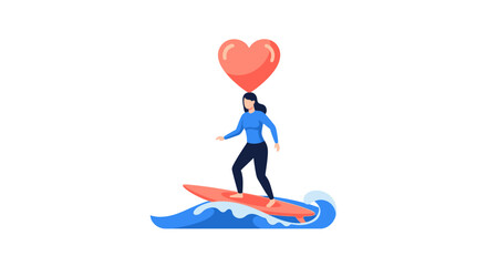 Fototapeta premium Woman Surfing with Heart Icon Concept of Self-Love, Passion, and Romantic Adventure Illustration