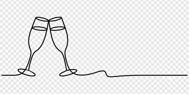 Two clinking champagne glasses continuous one line drawing. Design for party, anniversary celebration, new year festival. transparent background, Two wine glasses clinking together in a simple,  pro.