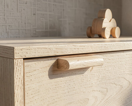 Minimalist wooden dresser with drawer handle and toy on top in soft sunlight