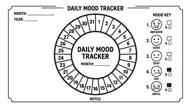 Daily mood tracker circular calendar worksheet with mood key, notes area, black and white printable mental health and self reflection planner.