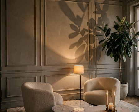 Cozy modern lounge with plush chairs, marble table, potted plant, and warm ambient lighting.