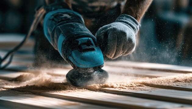 A gloved hand operates a vibrating tool, creating fine wood dust on a surface