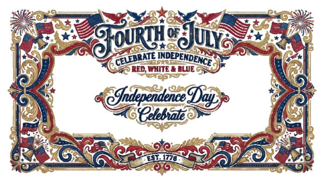 Decorative Fourth of July calligraphy frame, ornamental swashes and patriotic embellishments, isolated vector design.

