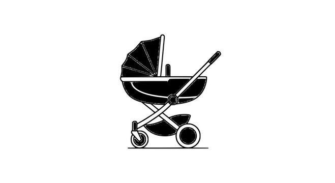 A minimalist vector illustration of a stylish baby stroller with a transparent background and modern design elements