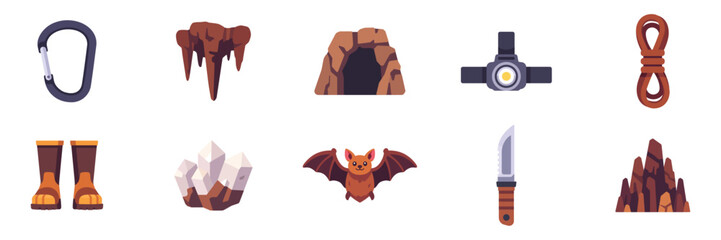Set of caving and cave exploration equipment icons with rope, carabiner, headlamp, knife, boots, crystals, bat, cave entrance, and rock formations, colorful collection with illustrations  © point of BORT