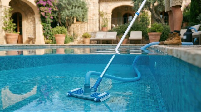 Man cleaning swimming pool with vacuum tool. Maintenance worker brushing tiled bottom of backyard basin. Professional equipment for water purification and hygiene in outdoor spa area.