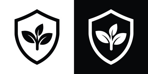 Fototapeta premium Minimalist plant sprout inside a shield emblem frame. Nature protection, environmental defense, and eco security vector icon.