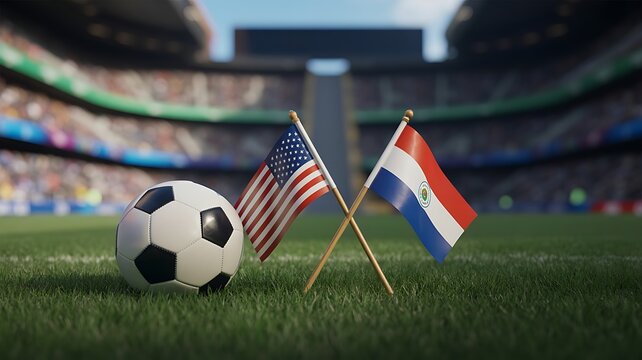 Soccer ball on grass with American and Paraguayan flags at a professional stadium for an international match