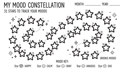 Mood constellation tracker printable with star rating symbols and mood key, black and white monthly journal worksheet for emotional wellness. © creative