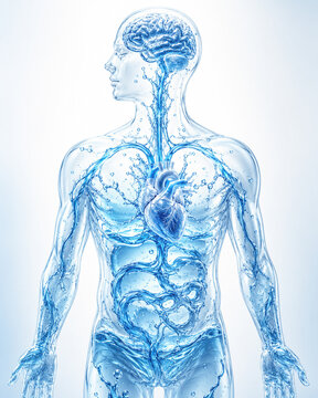 A 3D transparent blue human figure shows veins and anatomy on a light background.