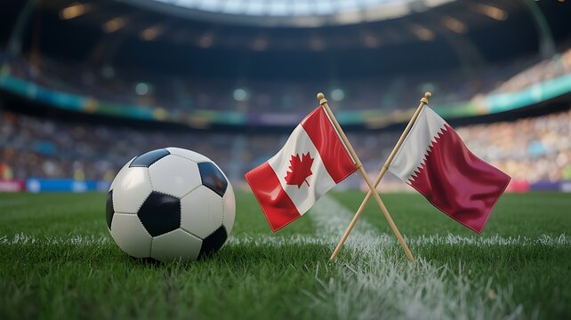 Soccer ball on grass with flags of Canada and Qatar on the pitch in a large professional stadium