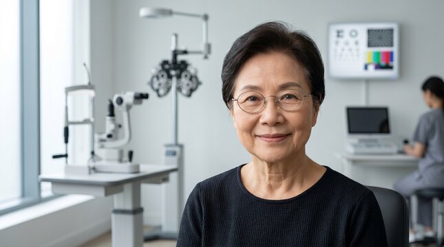 Elderly Asian woman with glasses, Eye clinic patient portrait, Healthy aging vision care, Senior eyewear lifestyle, Clean optometry room background