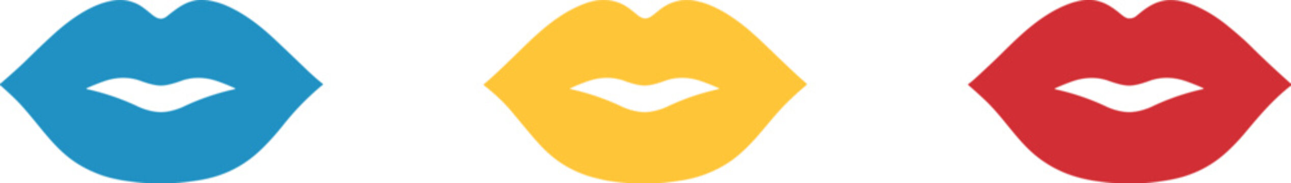 Three colorful lips icons in blue yellow and red Keywords: lips, mouth, kiss, icon, symbol