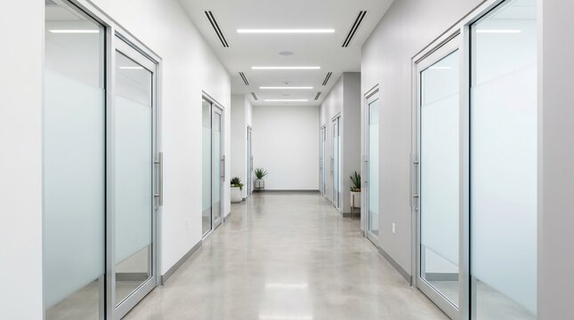 Eye clinic corridor, Modern optometry office interior, Clean healthcare architecture, Examination room hallway, Minimal medical space with copy space