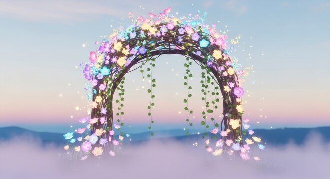 Arco floral com flores iluminadas sobre um fundo enevoado.