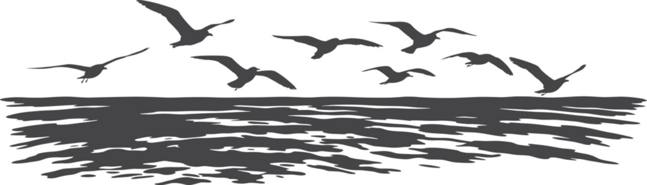 Flock of seagulls flying over choppy water Keywords: seagulls, birds, flying, flock, ocean, sea