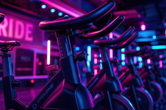 Stationary exercise bikes in a modern gym with vibrant neon pink and blue lighting for high-intensity interval training and indoor cycling classes in a fitness studio