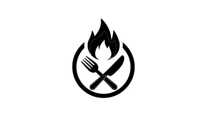 A stylish vector graphic featuring crossed utensils with a flame symbolizing cooking or culinary passion.