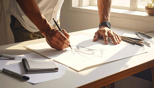 Artista desenhando em papel &agrave; mesa