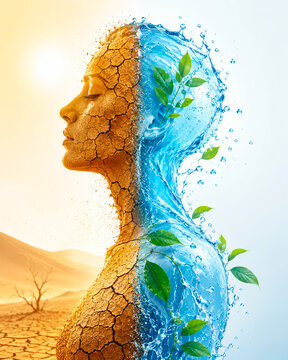 A female silhouette shows the contrast between drought and water renewal.