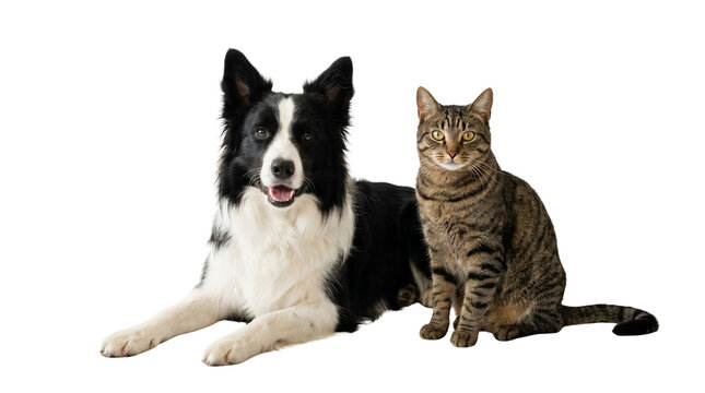 Border collie dog and tabby cat transparent PNG isolated pet cutout for animal care, adoption, veterinary design