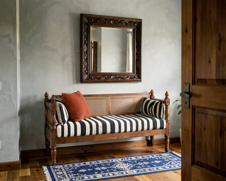 Vintage wooden bench with striped cushions under ornate mirror in rustic interior hallway.