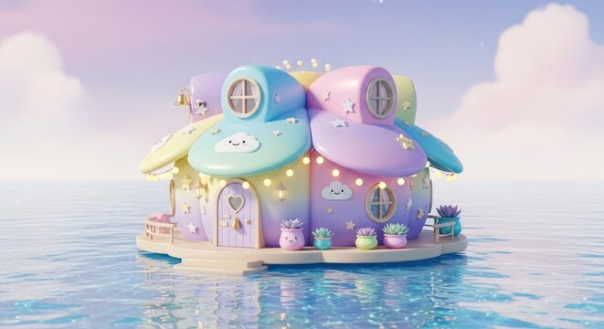 Casa de desenho animado colorida flutuando na &aacute;gua contra um c&eacute;u em tons pastel.