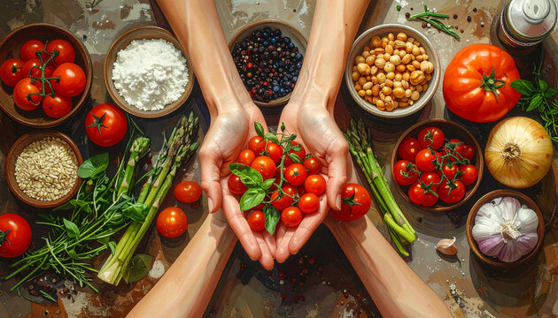M&atilde;os segurando tomates e vegetais frescos.