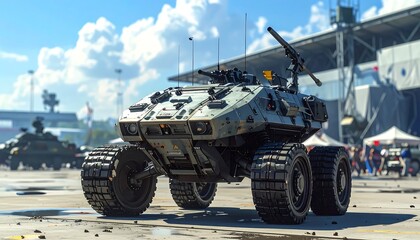 Fototapeta premium Futuristic Armored Recon Vehicle Parked on Open Tarmac at Military Exhibition