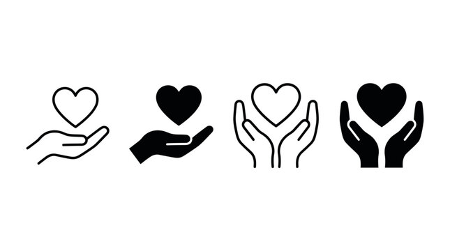 Set of four vector icons showing hands holding heart symbols, representing care, support, charity, and compassion.