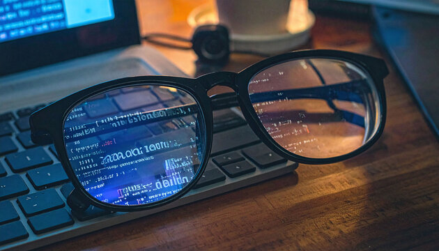 Closeup of glasses resting on a laptop keyboard, reflecting glowing blue computer code. Metaphor for programming, cyber security, coding, and latenight tech development work.