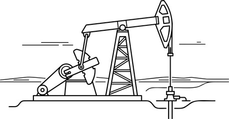 Fototapeta premium Minimalist continuous line art of an industrial pumpjack, oil pump concept, hollow vector