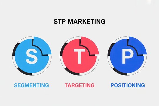 STP Marketing concept with Segmenting, Targeting, Positioning words and stylized S, T, P icons on a light gray background.