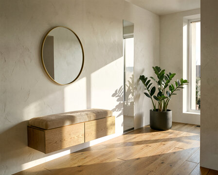 Modern minimalist entryway with wooden bench, round mirror, potted plant, and sunlight streaming through window
